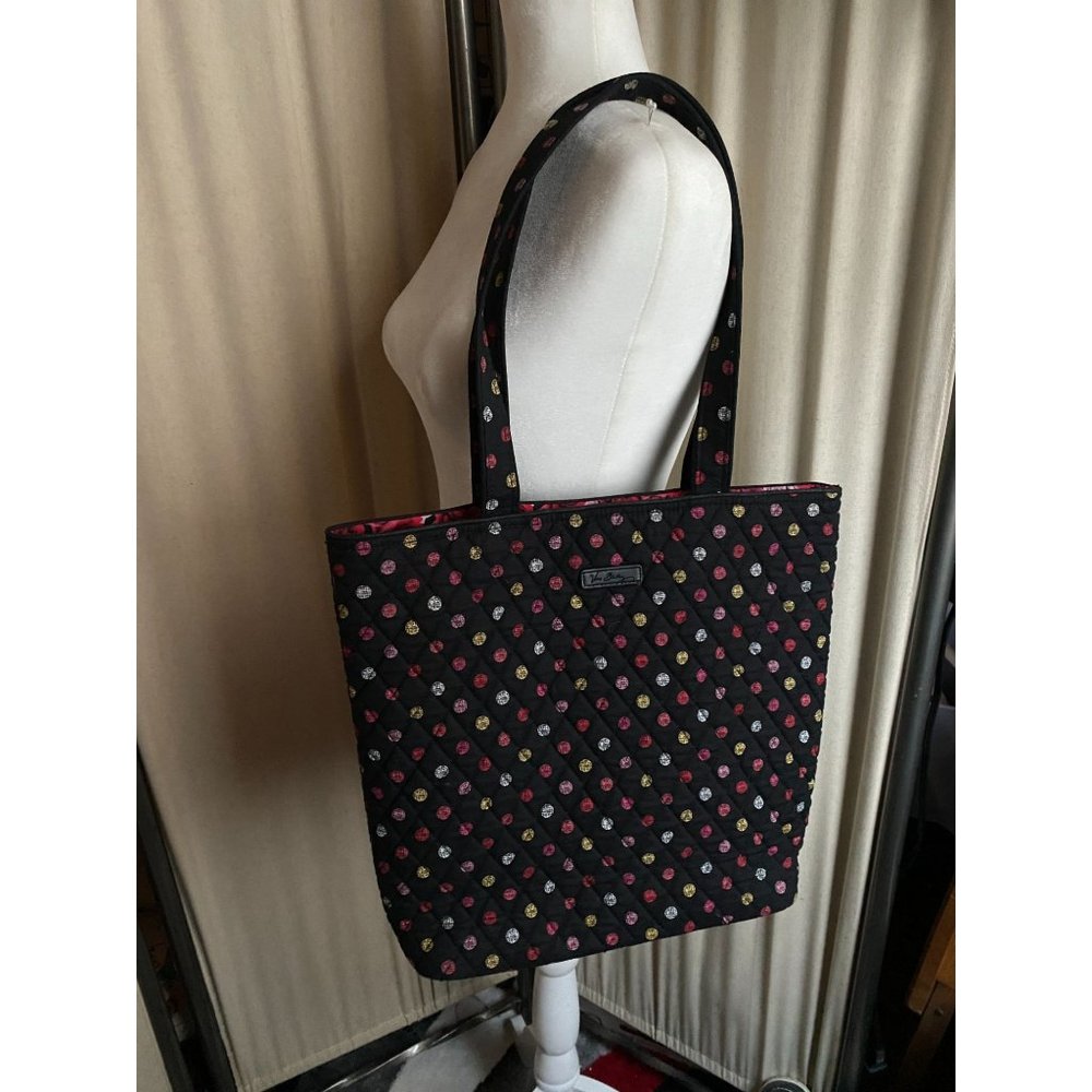 EUC Verra Bradley Black Polka Dot Purse ROSE Print Lining
